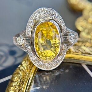 Antique Platinum GIA Unheated Yellow Sapphire Diamond Cocktail Ring